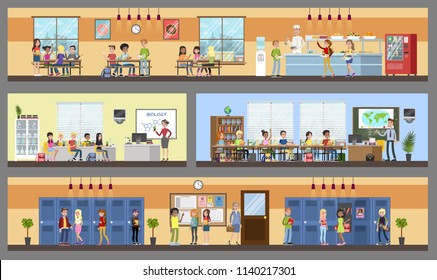 School Building Interior And Exterior. Classrooms, Dining Room And Hall. Getting Education And Knowledge. Vector Flat Illustration