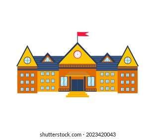 Edificio escolar aislado de fondo blanco. Educación infantil. Secundaria.  Ilustración plana vectorial. De vuelta a la escuela
