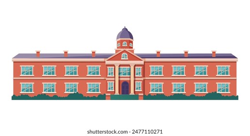 School building isolated on white background. Classic public school in cartoon style. Educational institution, elementary or high school. Vector Illustration