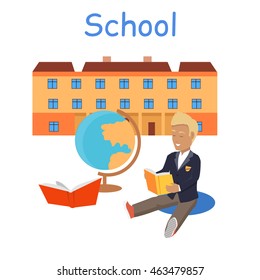 School building isolated on white in flat style. Modern building for pupils. School kids education. High secondary elementary level. Parenthood concept. Part of series of lifelong learning. Vector