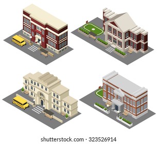 School building isometric icons set with field bus and benches isolated vector illustration 