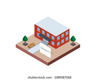 School building in isometric projection necessary creative designers for web projects. Isometric school building isolated vector illustration.