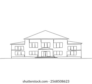 School building, kindergarten, university, college building one line art. Continuous line drawing of online learning, education, knowledge, school furniture