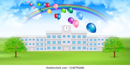 School Building Landscape Background
