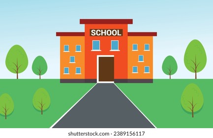 School building with landscape in background. Vector illustration