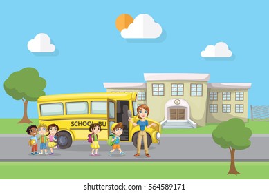 School Building Landscape with School Bus and Happy Children