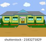 School building. Landscape with grass and clouds. Rustic exterior. Can be used for illustration and vector art. Vector illustration Eps 10.