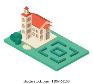school building with landscape isometric icon