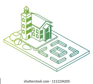school building with landscape isometric icon