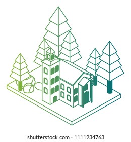 school building with landscape isometric icon