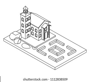 school building with landscape isometric icon