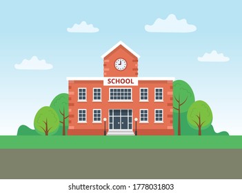 School building with landscape. Vector illustration in flat style