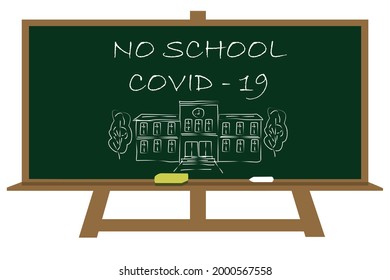 School building and lettering No school COVID-19 on green chalkboard. Hand drawn sketch. Coronavirus concept.