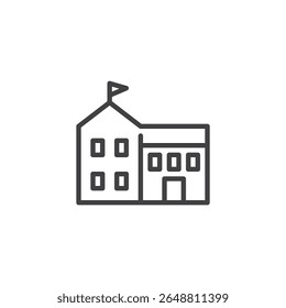 Ícone da linha de construção da escola. Edifício clássico com uma bandeira em um ícone vetor contorno limpo. Este símbolo de ícone se encaixa em temas como educação, aprendizagem e instituições.
