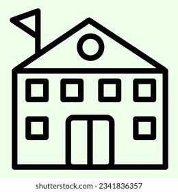 Icono de la línea de construcción de la escuela. Institución de educación superior con bandera en el borde superior del pictograma de estilo sobre fondo blanco. Conocimiento y estudios de los signos de diseño web de concepto móvil. Gráficos vectoriales.