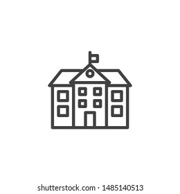 School building line icon. linear style sign for mobile concept and web design. College building with flag outline vector icon. Symbol, logo illustration. Vector graphics