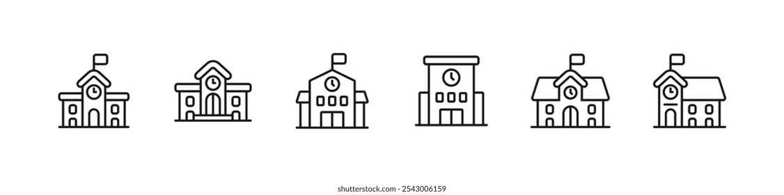 Conjunto de iconos de línea de edificio escolar Educación Universidad Academia de arquitectura Institución Campus Estate Signos Vector Esquema Ilustración 