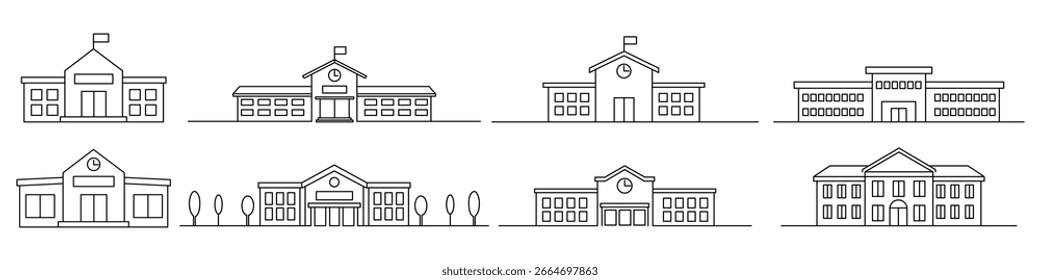 Ícone da linha de construção da escola define a universidade de edifícios educacionais. Ilustração da educação, sinal para o exterior da casa da escola. Traçado editável
