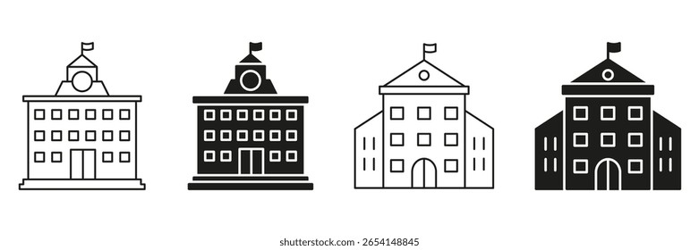 Linha De Construção De Escola E Conjunto De Ícones Sólidos. Instituição Educacional, Centro De Aprendizagem E Coleção De Símbolos De Instalações Acadêmicas. Arquitetura E Design De Campus. Ilustração de vetor isolada.