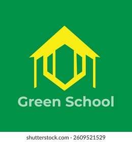 a  school building logo is displayed on a green background with the words green school below it