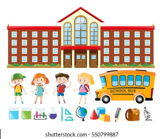 School building and many children illustration