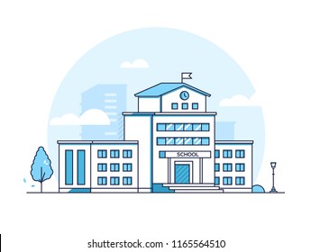 School building - modern thin line design style vector illustration on white background. Blue colored high quality composition with educational institution, lantern, tree. Urban architecture