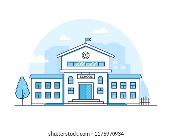 School building - modern thin line design style vector illustration on white background. Blue colored high quality composition with a facade of educational institution, tree. Urban architecture