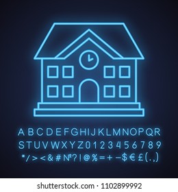 School building neon light icon. University. Glowing sign with alphabet, numbers and symbols. Vector isolated illustration