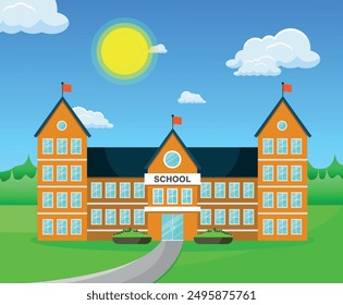 School building on the background of the summer landscape. Vector illustration.