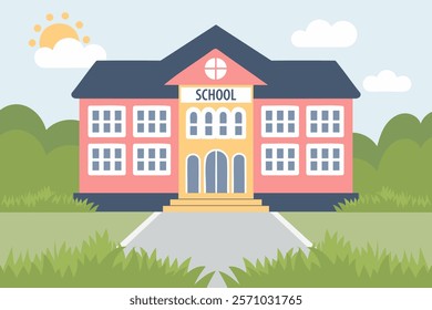 School building on the background of summer landscape. Flat style illustration.