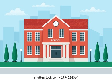 Construcción escolar sobre el fondo de la ciudad. El viejo exterior de la escuela, volver a estudiar, volver al concepto de escuela. Ilustración vectorial en estilo plano