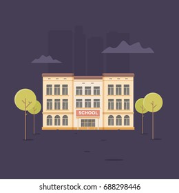 School building is on dark background. Concept education. Back to school. Vector illustration.