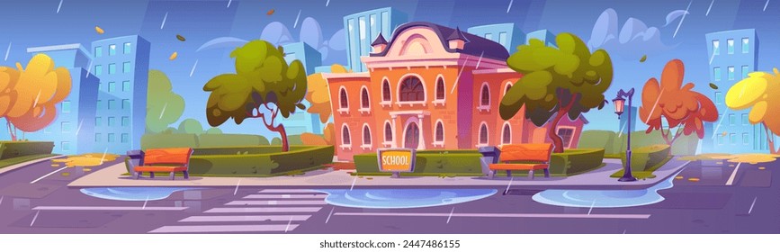 School building on street in autumn city cartoon background. University or college rainy weather landscape illustration. Government public architecture and cityscape. Academic campus near crosswalk