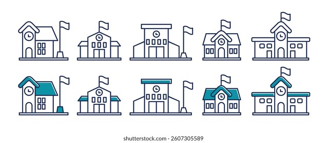 School building outline clipart set. University classroom drawing art line icon clip art schoolhouse building for students education in rural and urban logotype elements vector illustration.
