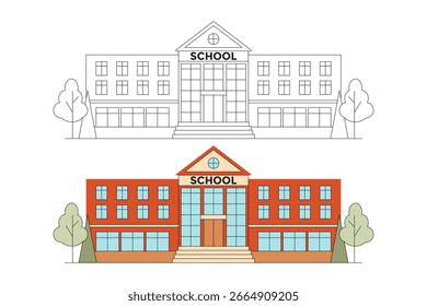 Schulgebäude. Umriss und bunte Vektorgrafiken Schulgebäude. 