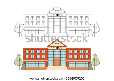School building. Outline and Colorful vector illustrations school building. 