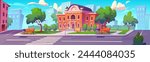 School building and outside yard cartoon background. City university house near park and road. College campus exterior with street landscape. Museum or public government institution outdoor graphic