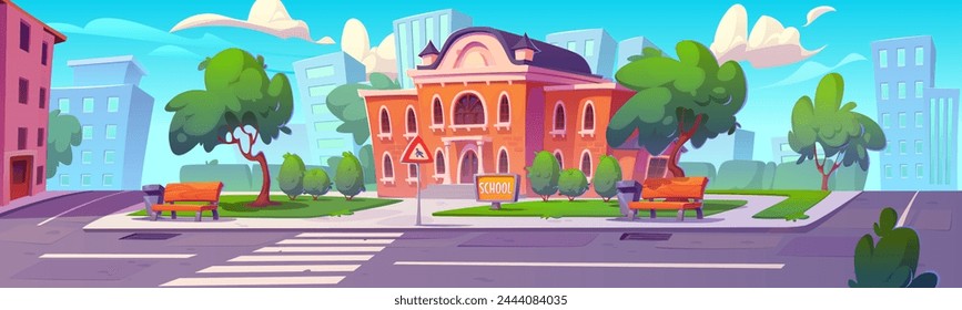 Schulgebäude und Garten Cartoon Hintergrund. Stadthochschule in der Nähe von Park und Straße. College Campus außen mit Straßenlandschaft. Freilichtgrafik des Museums oder der öffentlichen Einrichtung