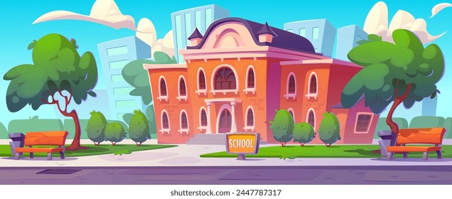 School building and outside yard cartoon background. City university house near park and road. College campus exterior with street landscape. Museum or public government institution outdoor graphic