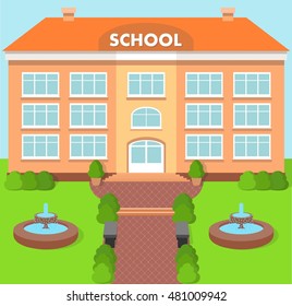 School building over landscape background with fountain. Vector illustration.