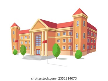 SCHOOL BUILDING in perspective
Illustration in cartoon style on a white background
. School building or university, college side view. Back to school
