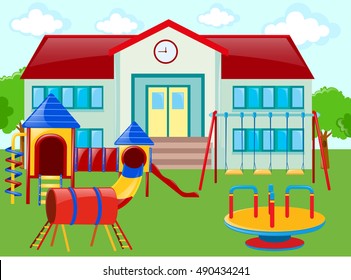 School building and playground illustration