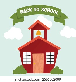 School building, primary school facade against the background of a natural landscape. Vector, cartoon illustration