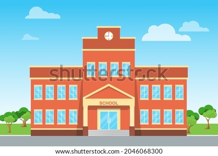 School building, primary school facade against the background of a natural landscape. Vector, cartoon illustration. Vector.