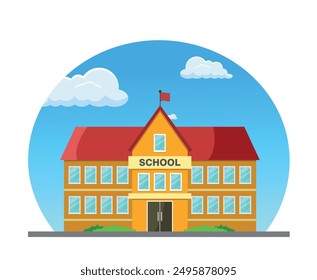 School building with red roof, blue sky and clouds in the background. Vector illustration.