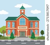 School building with road and background of a natural landscape