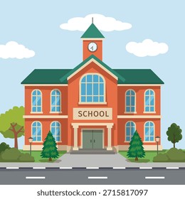 School building with road and background of a natural landscape