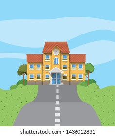 school building in the road scene