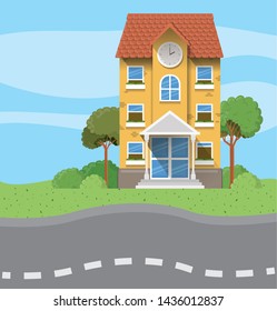 school building in the road scene