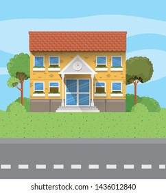 school building in the road scene